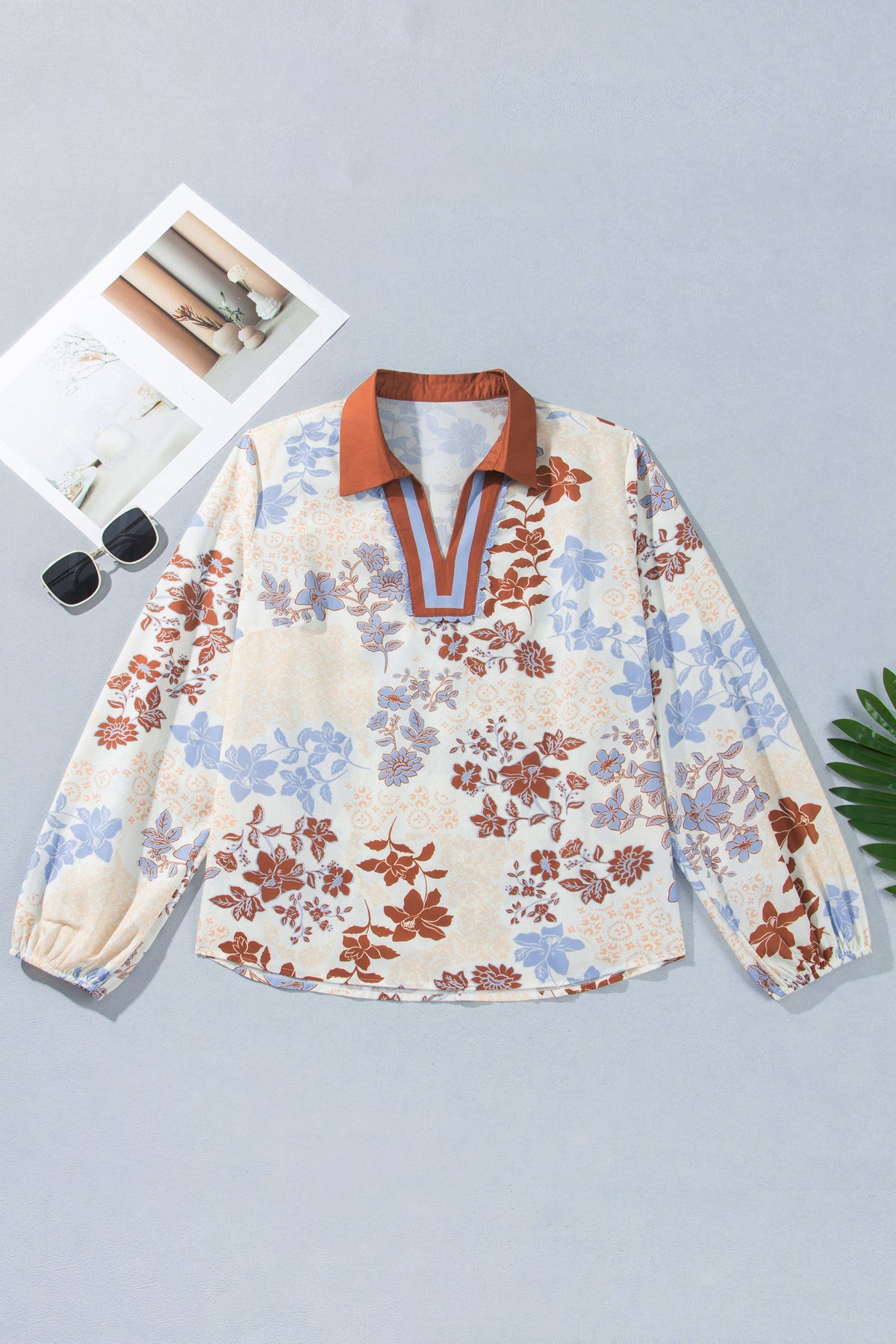 White Plus Size Floral Print Long Sleeve Blouse