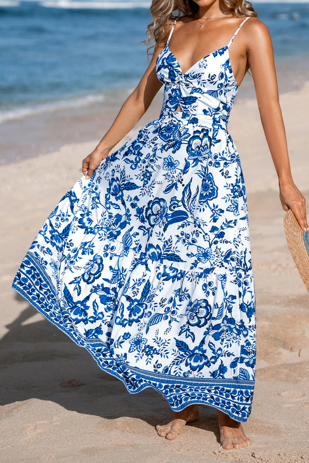 Sky Blue Spaghetti Straps Backless Floral Maxi Dress