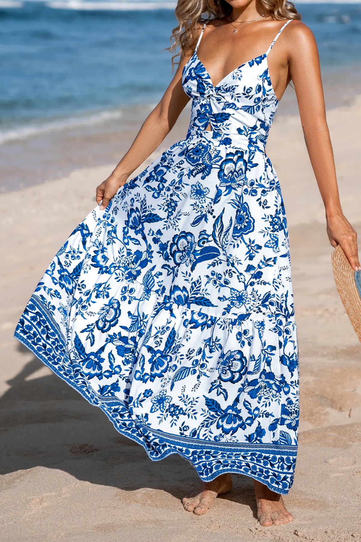 Sky Blue Spaghetti Straps Backless Floral Maxi Dress