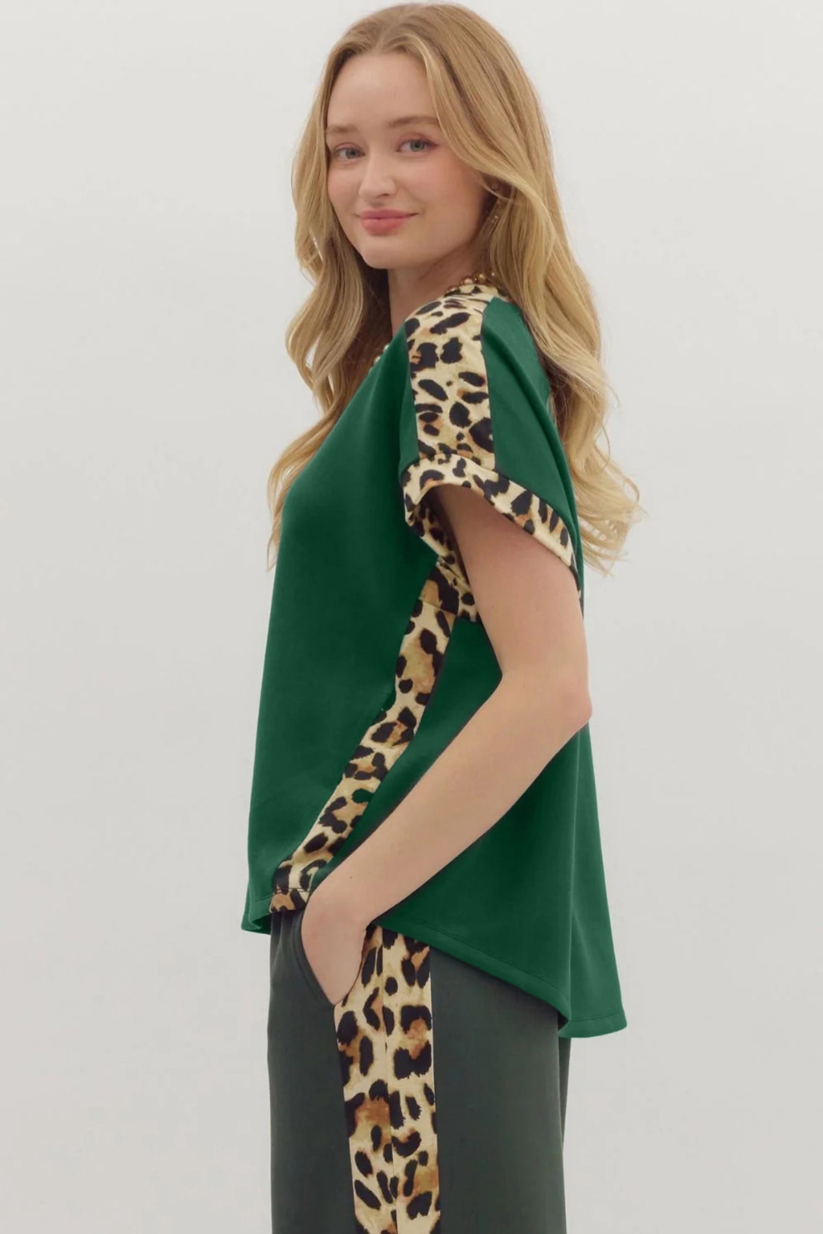 Sea Green Leopard Trim Round Neck Loose T Shirt