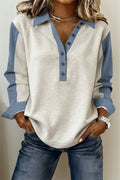Denim  Polo Collar Long Sleeve Top