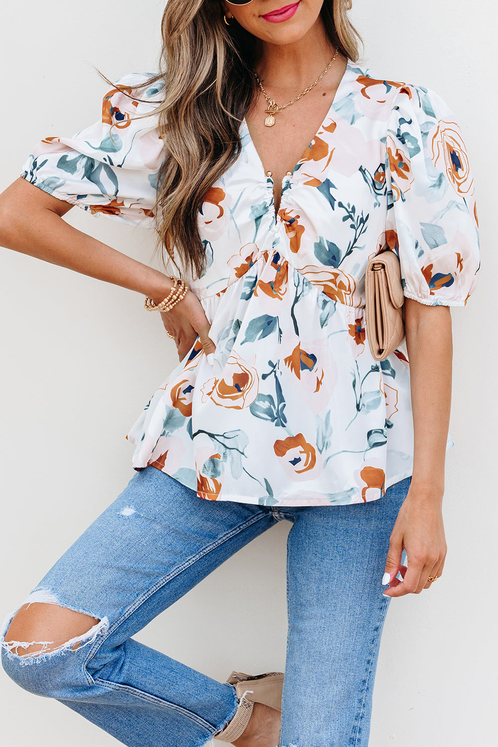 White Floral Print Blouse