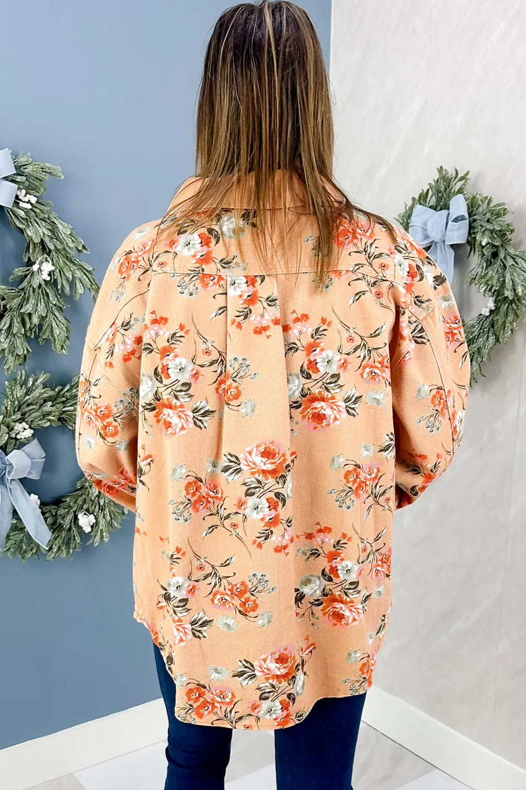Floral Print Long Sleeve Denim Jacket Tunic Length