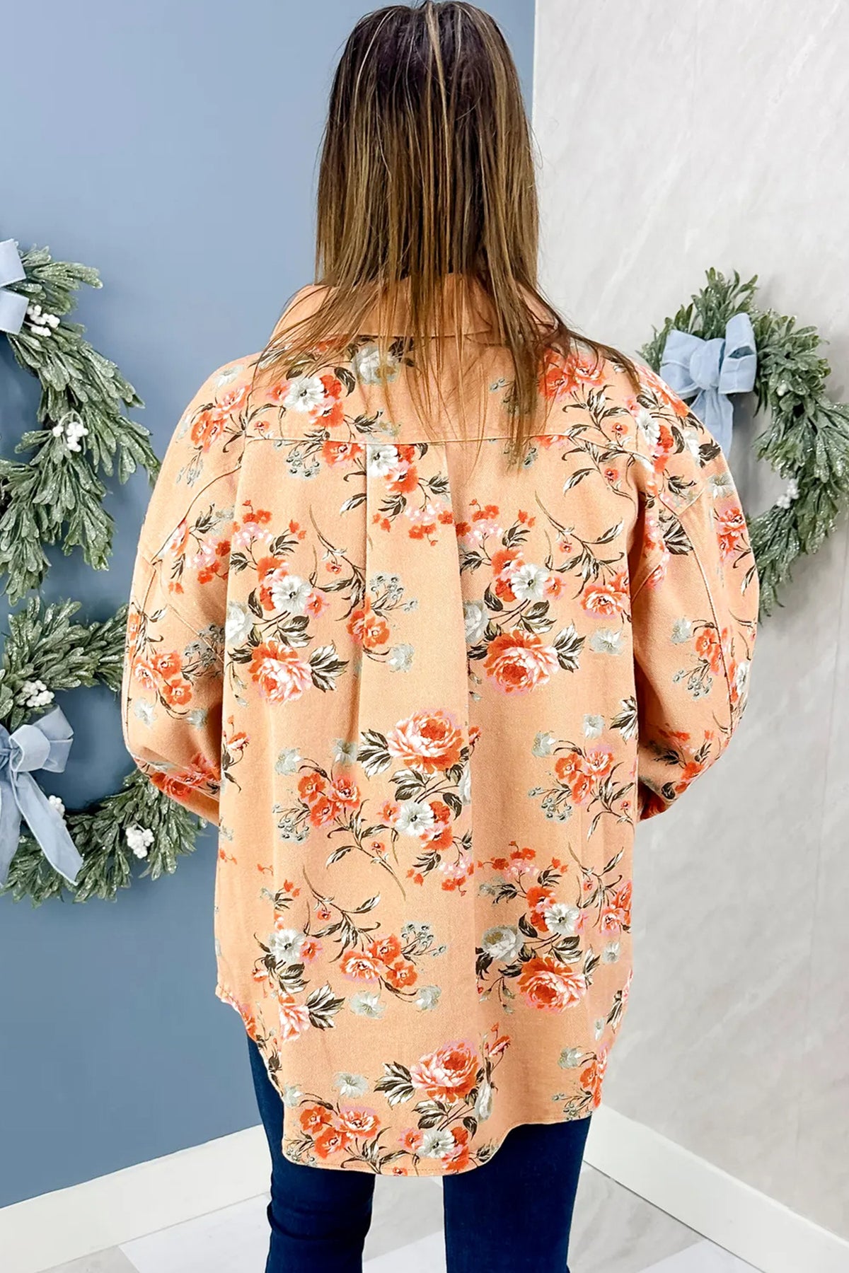 Floral Print Long Sleeve Denim Jacket Tunic Length