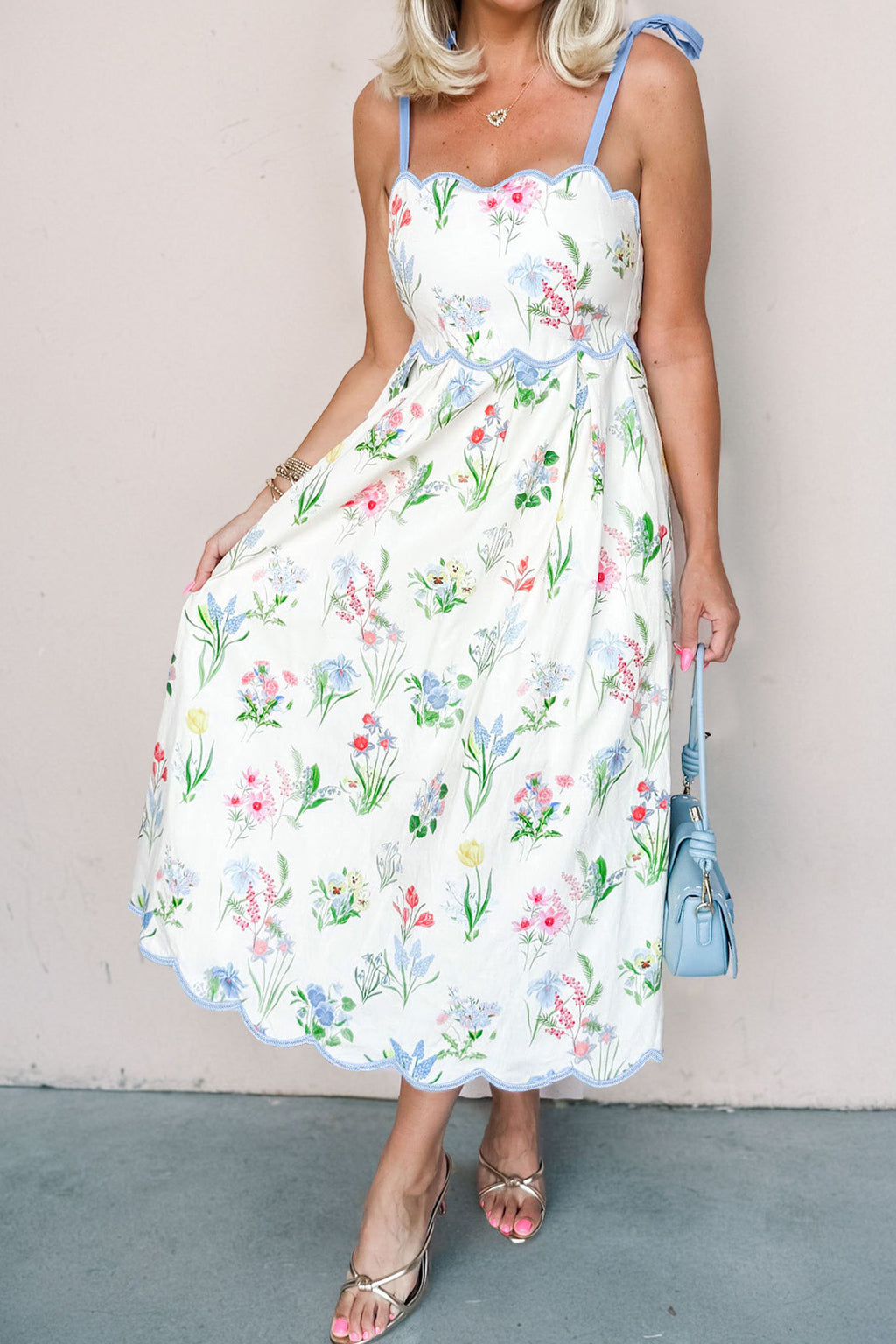 Floral Print Contrast Trim Self-tie Straps Dress