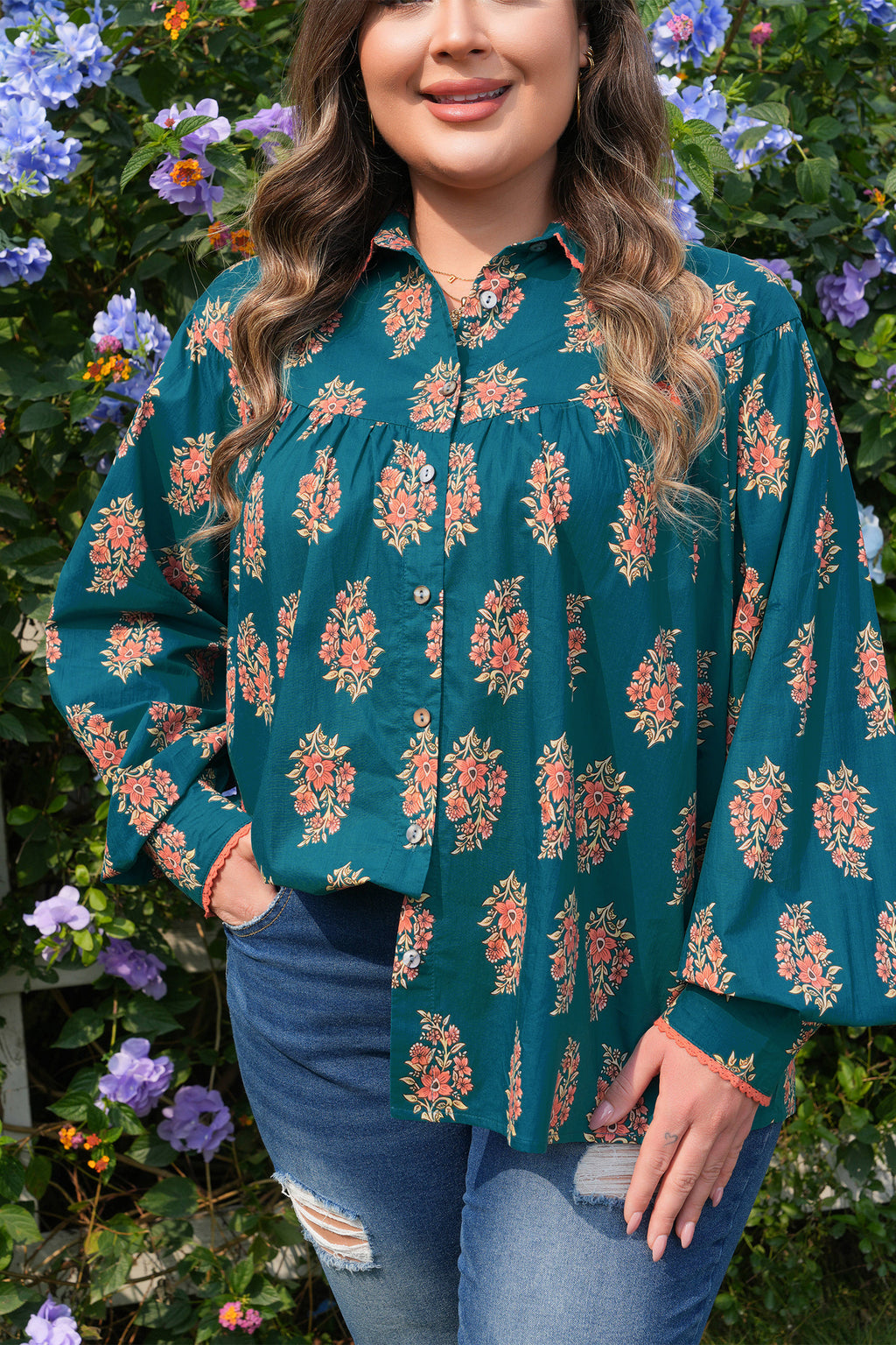 Green Plus Size Floral Print Shirt
