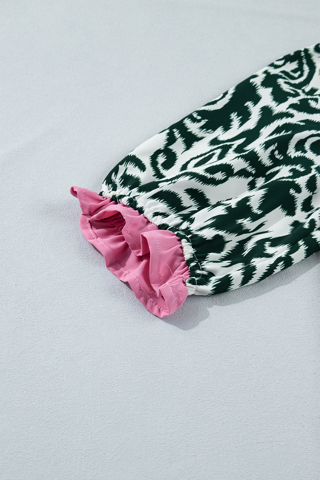 Green Damask Print Ruffled Blouse