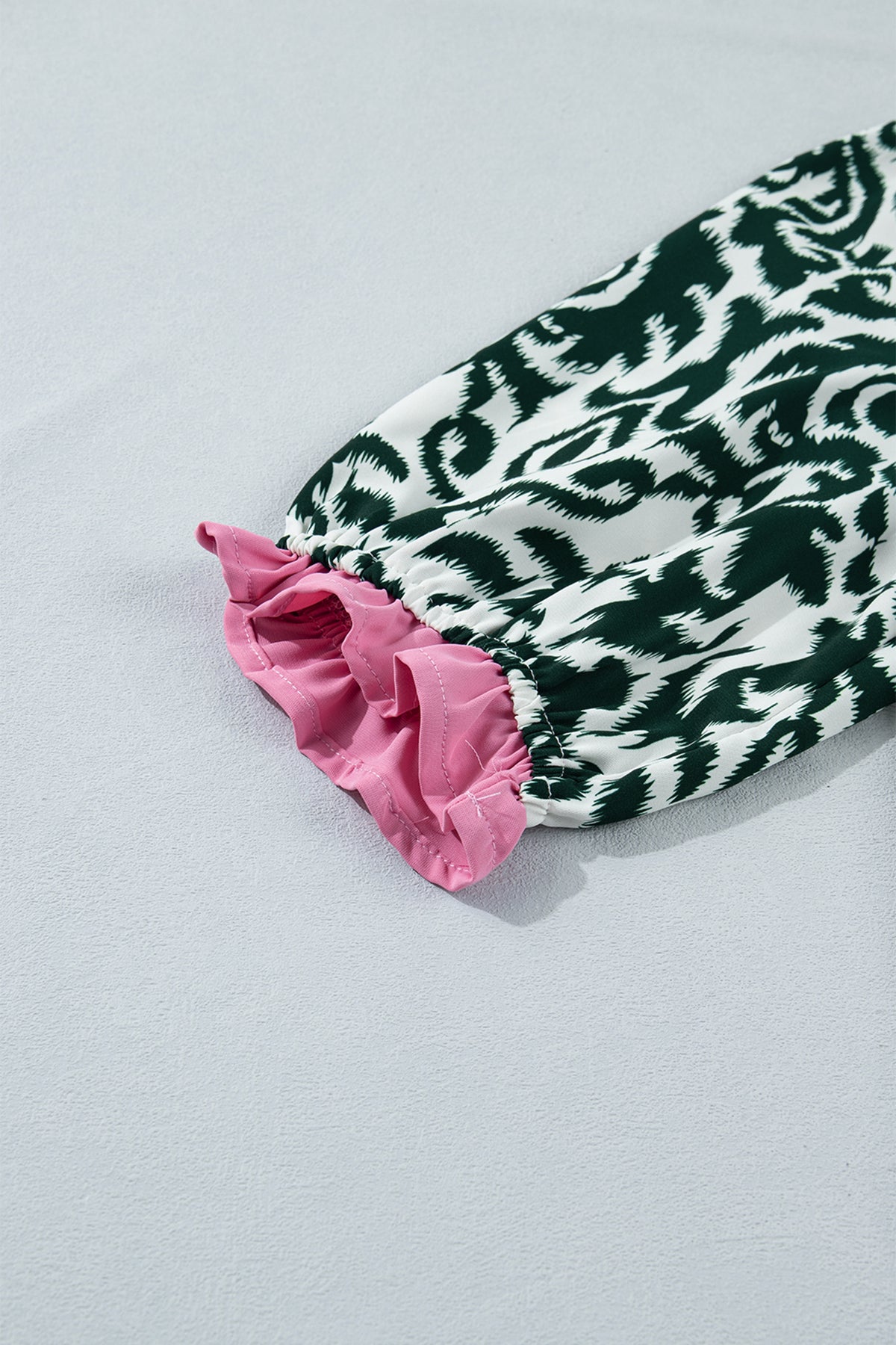 Green Damask Print Ruffled Blouse