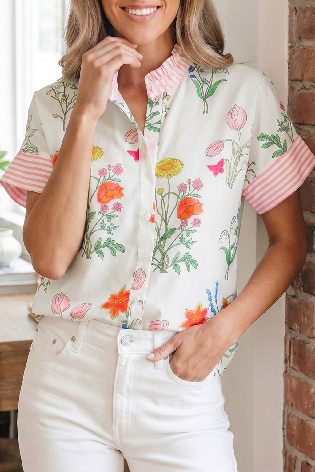 Beige Floral Striped Patchwork Ruffled Collar Shirt