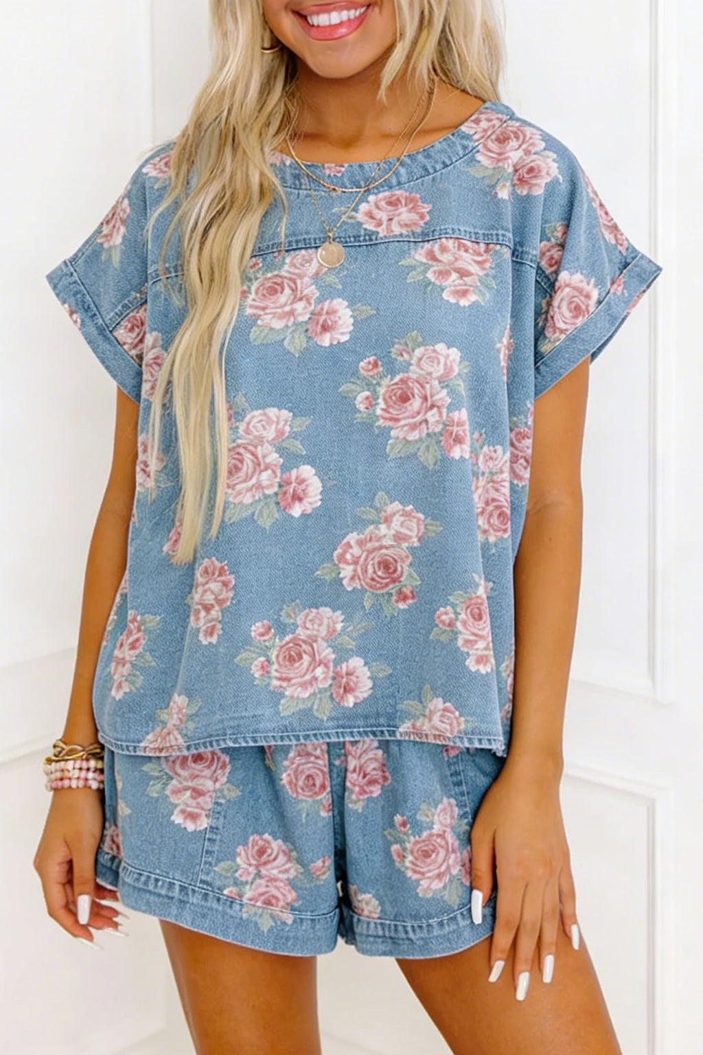 Sky Blue Floral Denim Loose Shorts 2pcs Set