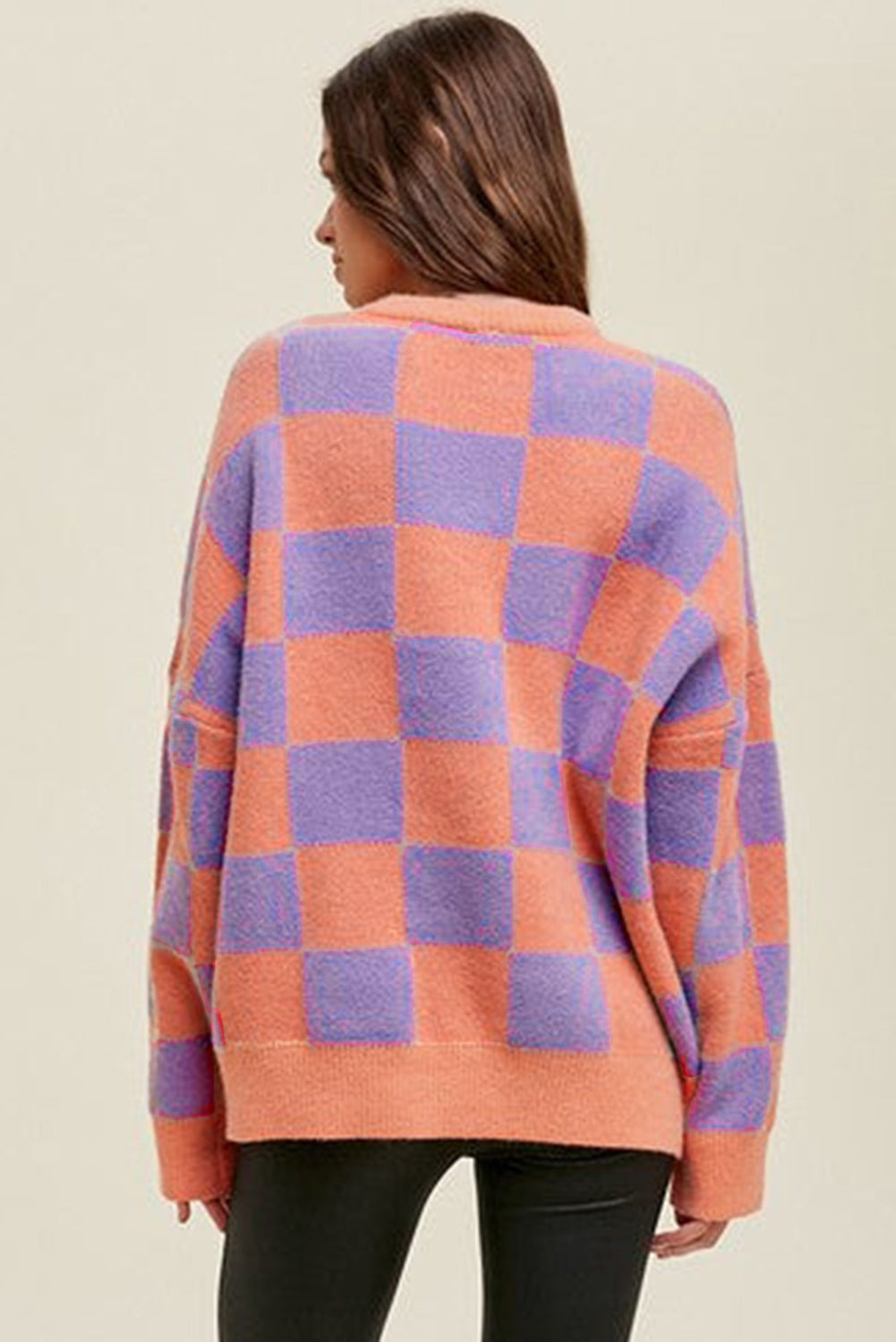 Checkered Pattern Ribbed Trim Knit Baggy Sweater