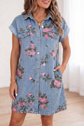 Denim Floral Print Button Down Shift Dress