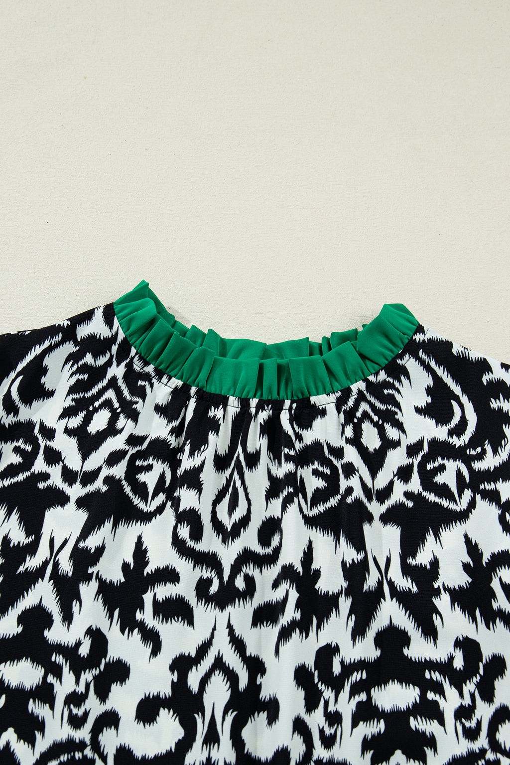 Green Damask Print Ruffled Blouse