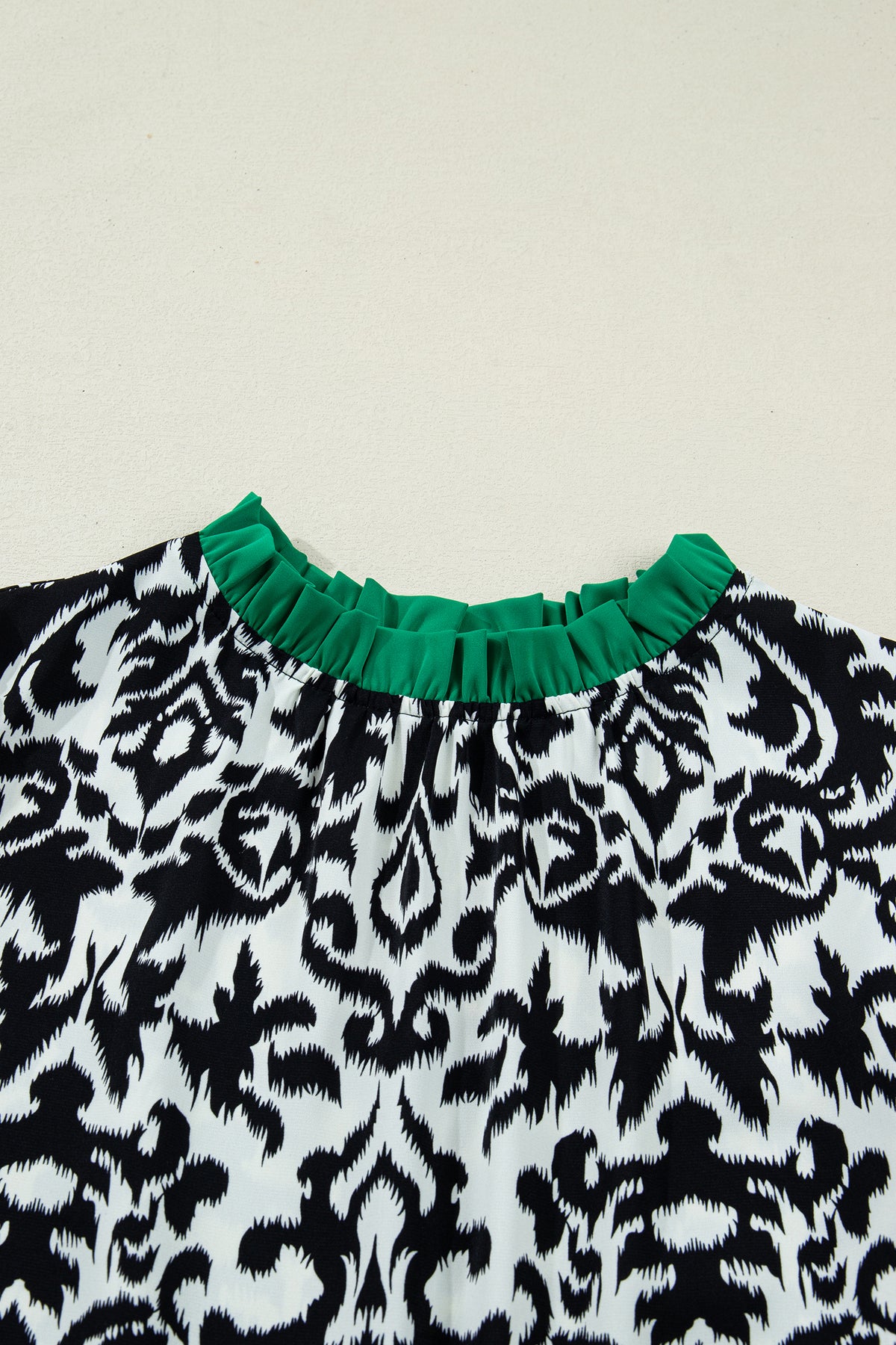 Green Damask Print Ruffled Blouse