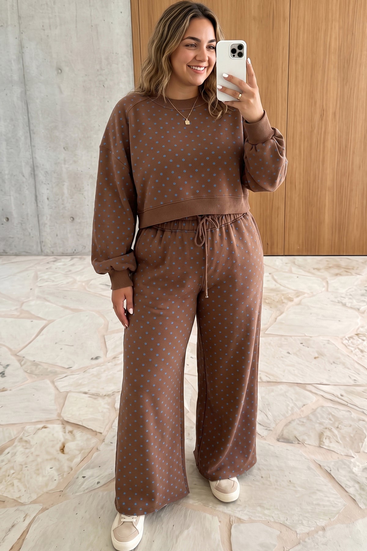 Brown Polka Dot Round Neck Long Sleeve Plus Size Set