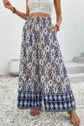 Blue Boho Pattern Print High Waist Wide Leg Loose Pants