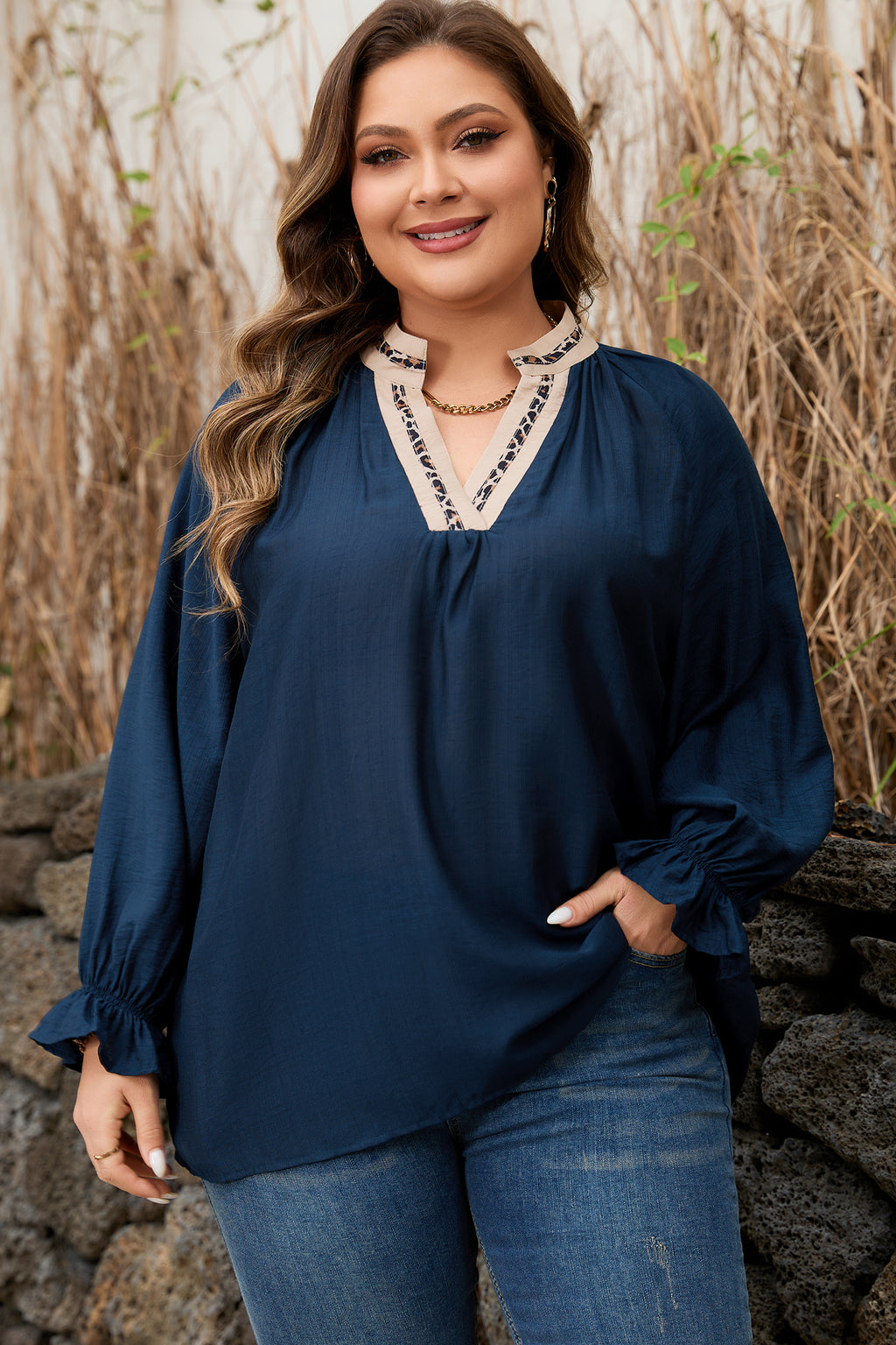 Plus Size Navy Blue Leopard Patchwork Blouse