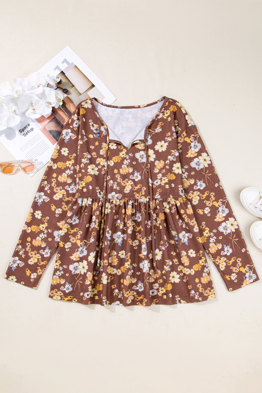 Plus Size Khaki Floral Long Sleeve Blouse