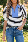 Black Stripe Short Puff Sleeve Blouse
