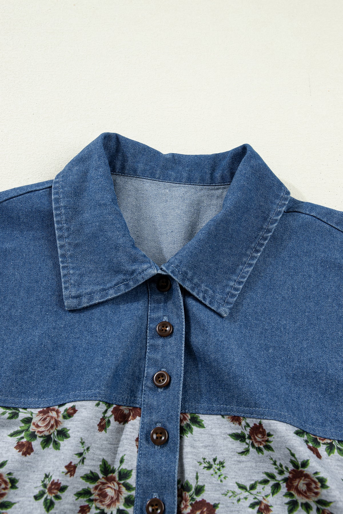 Floral Print Denim Buttoned Polo Collar Top