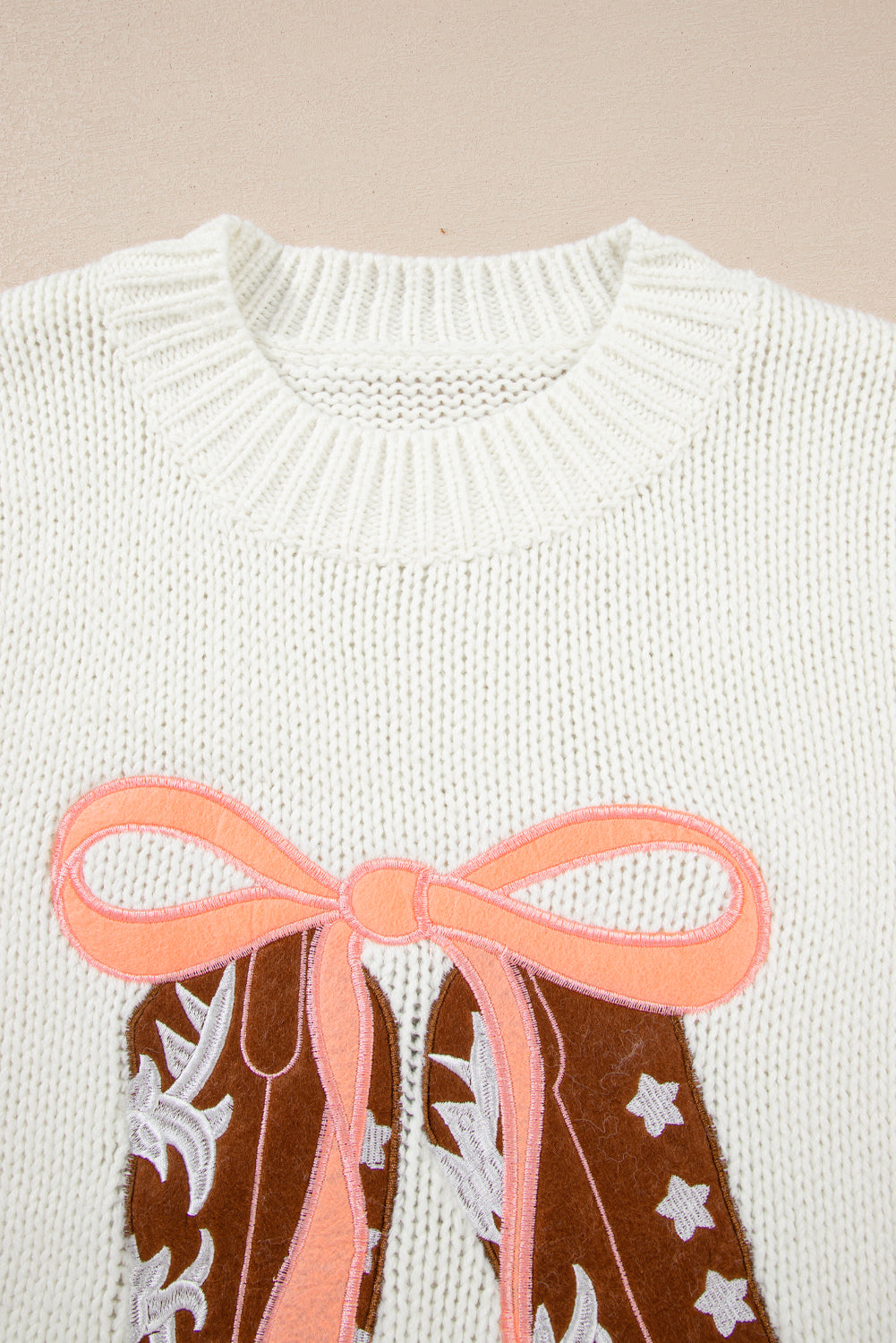 White Embroidered Bow Boots Sweater