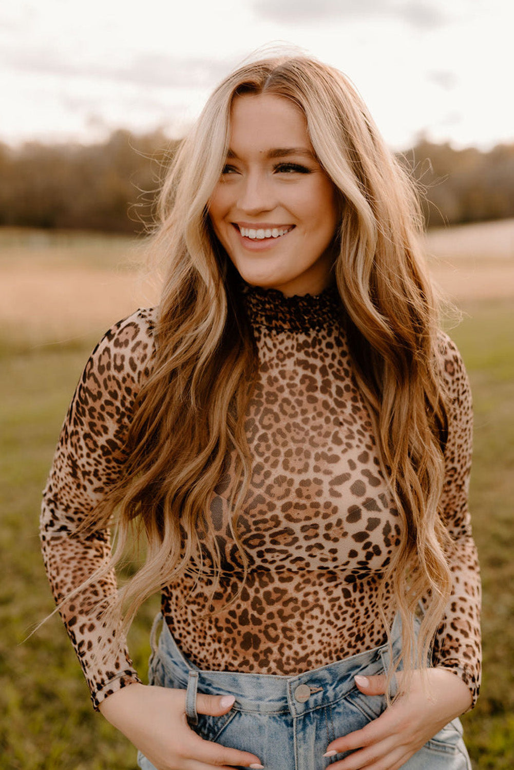 Brown Leopard Smocked Neck Mesh Bodysuit