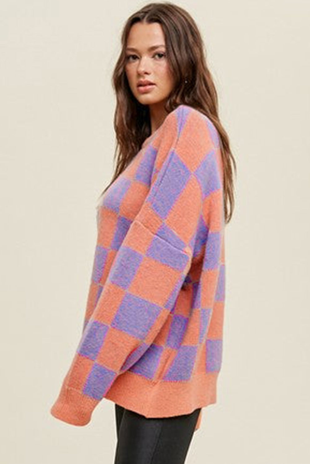 Checkered Pattern Ribbed Trim Knit Baggy Sweater