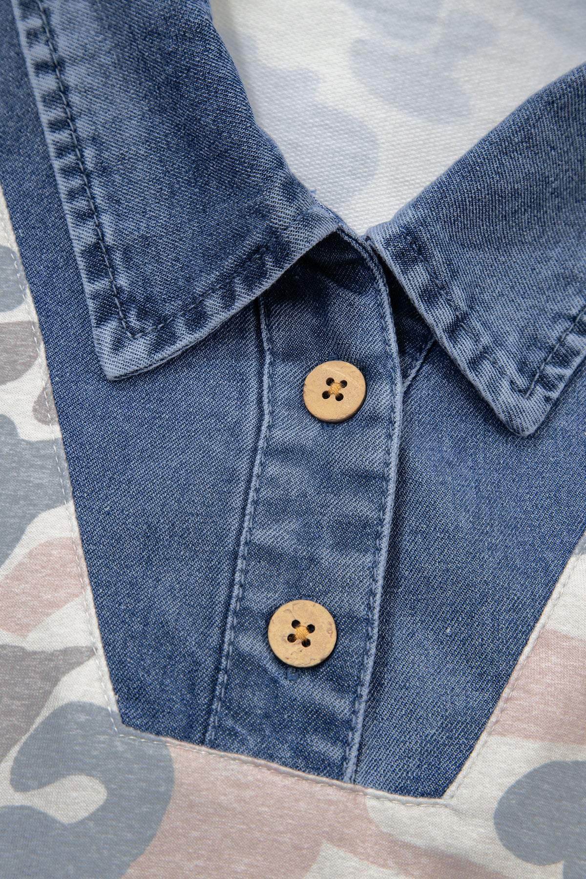 Camouflage Print Denim Patchwork Polo Collar Tee