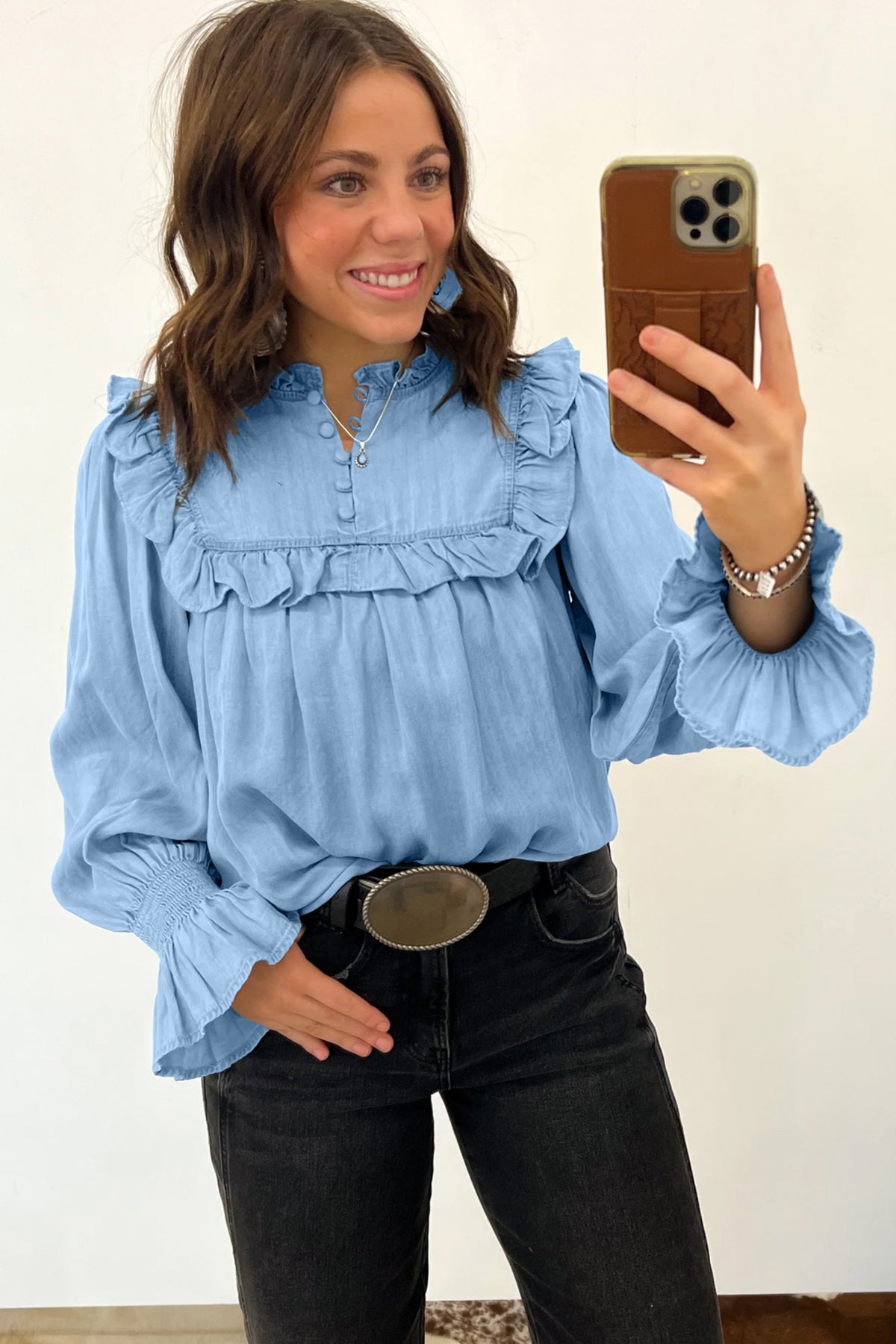 Western Ruffle Long Sleeve  Blouse