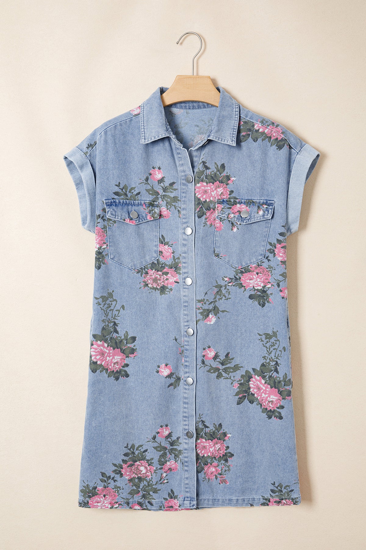 Denim Floral Print Button Down Shift Dress