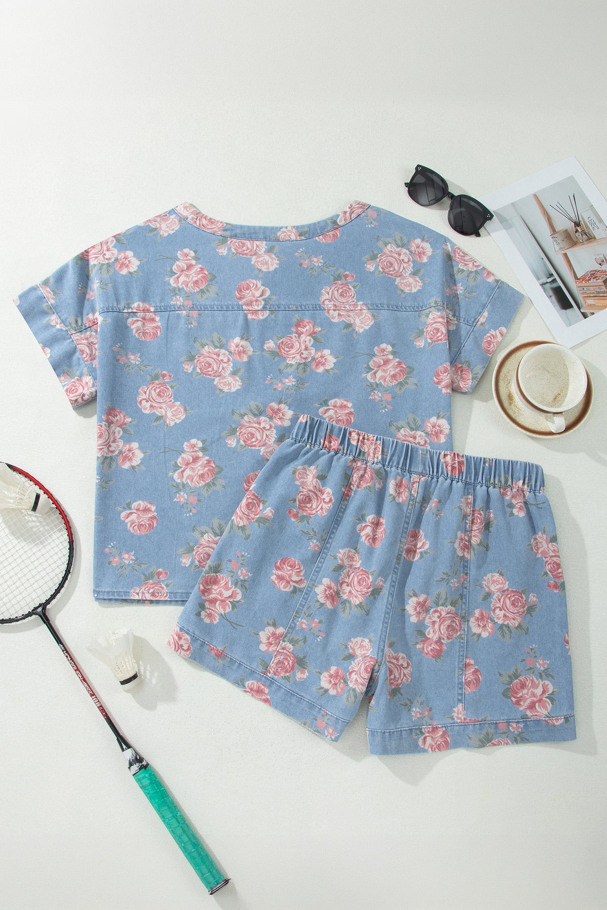 Sky Blue Floral Denim Loose Shorts 2pcs Set