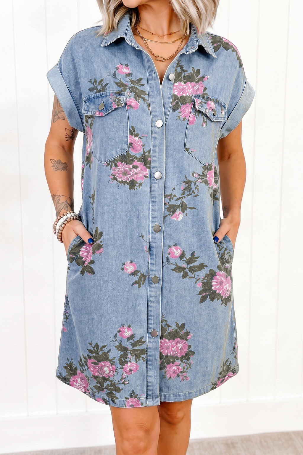 Denim Floral Print Button Down Shift Dress