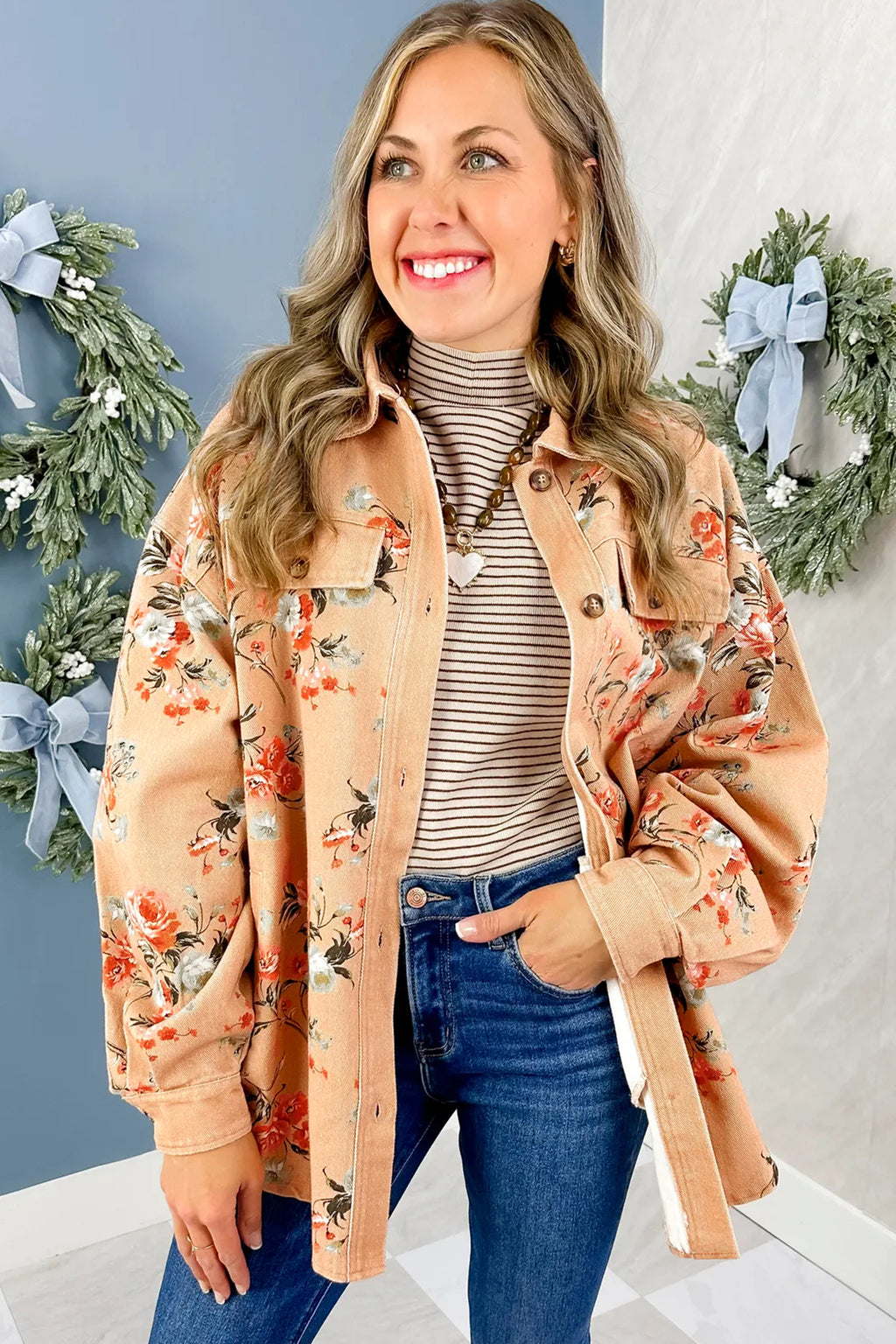 Floral Print Long Sleeve Denim Jacket Tunic Length