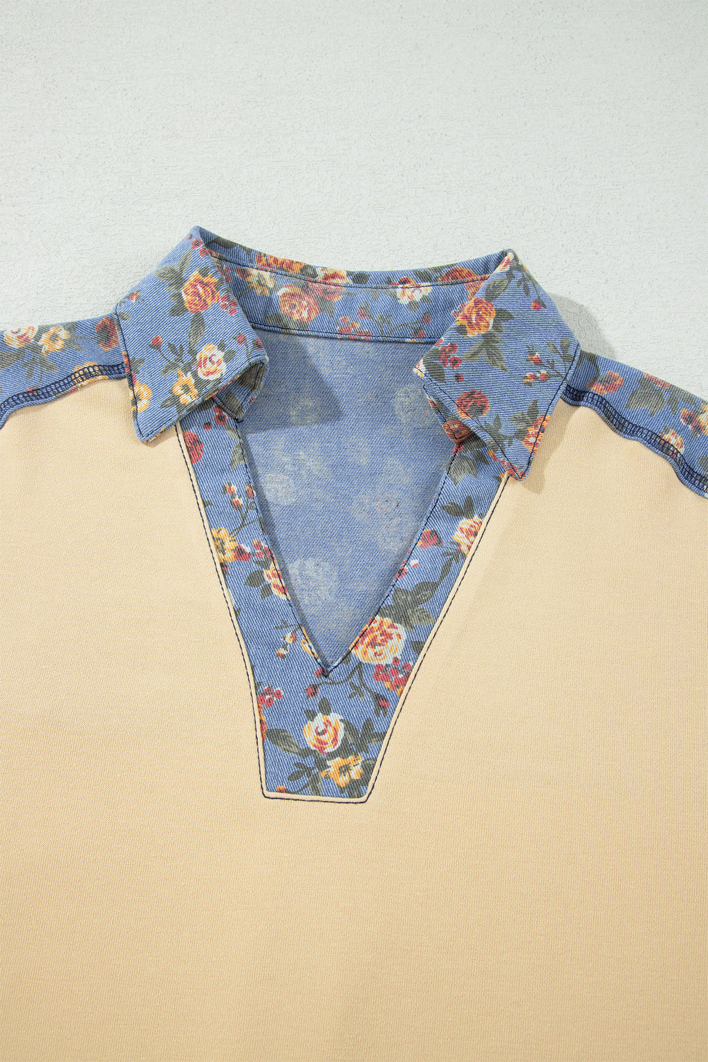 Floral Denim Patchwork Collar Long Sleeve Pullover Top