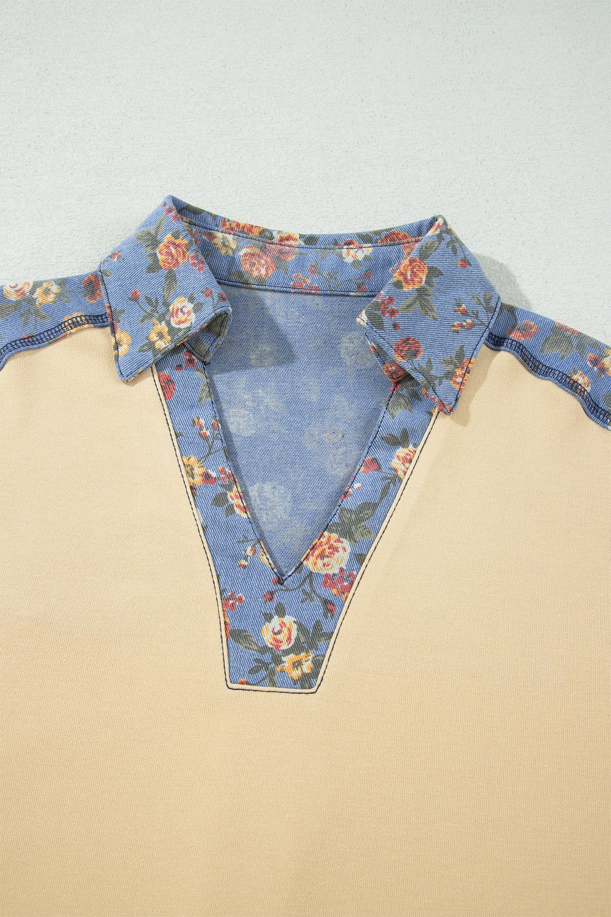 Floral Denim Patchwork Collar Long Sleeve Pullover Top