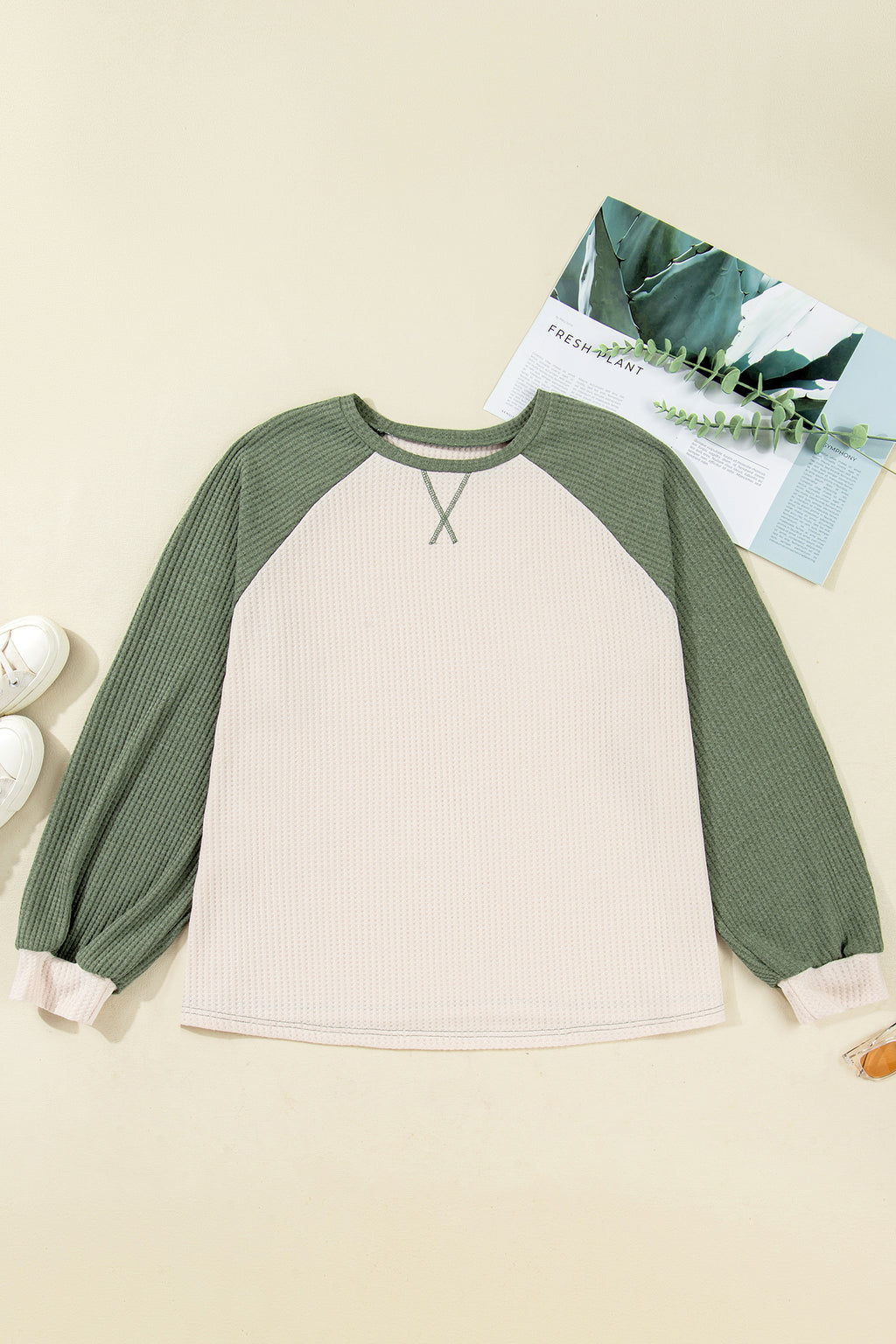 Mist Green Plus Size Waffled Color Block Long Sleeve Top