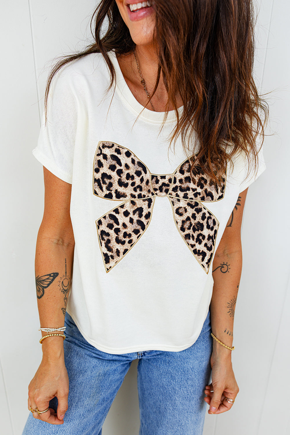Leopard Bow Embroidered Cotton T Shirt