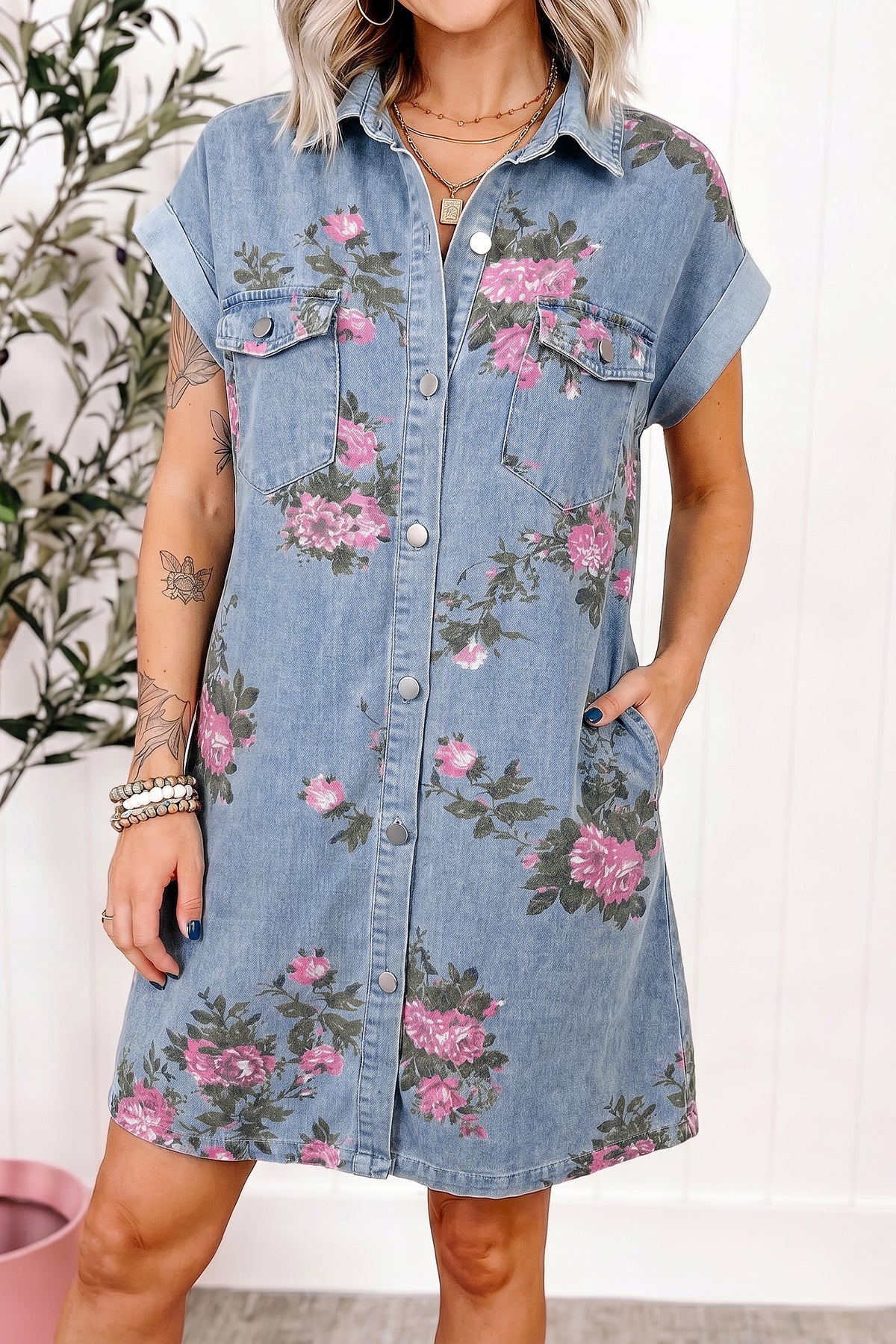 Denim Floral Print Button Down Shift Dress