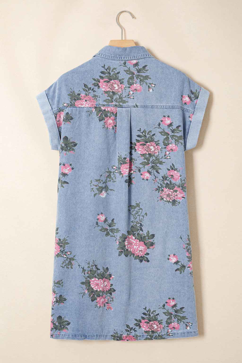 Denim Floral Print Button Down Shift Dress