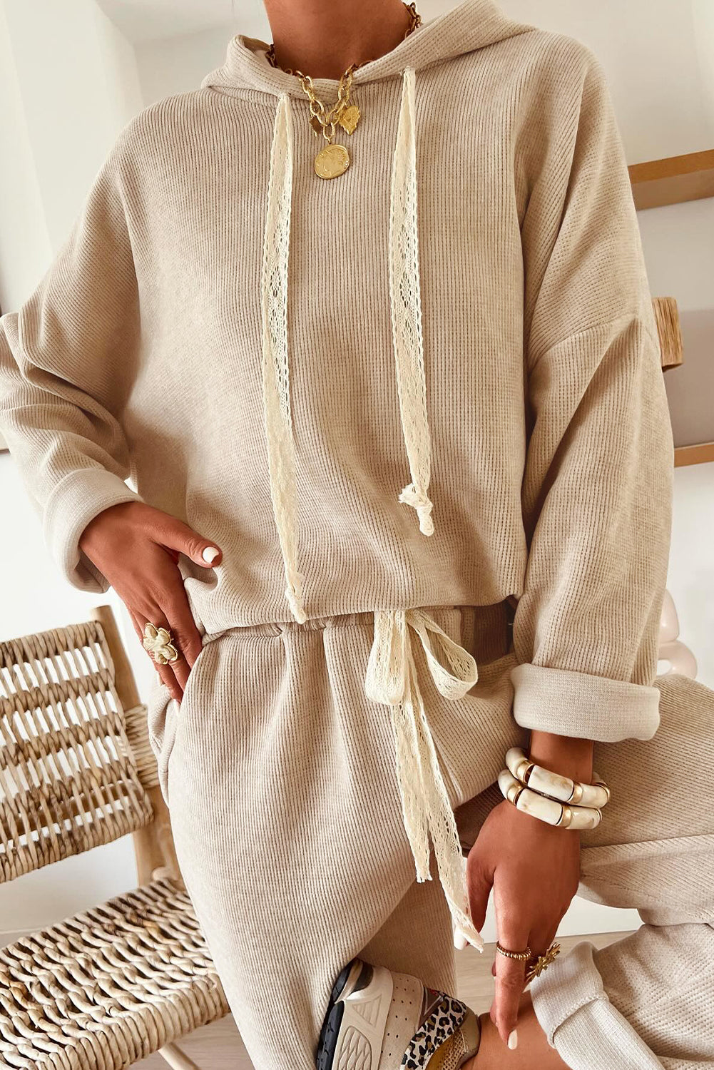 Parchment Leopard Drawstring Pullover Hoodie and High Waist Pants Corduroy Suit