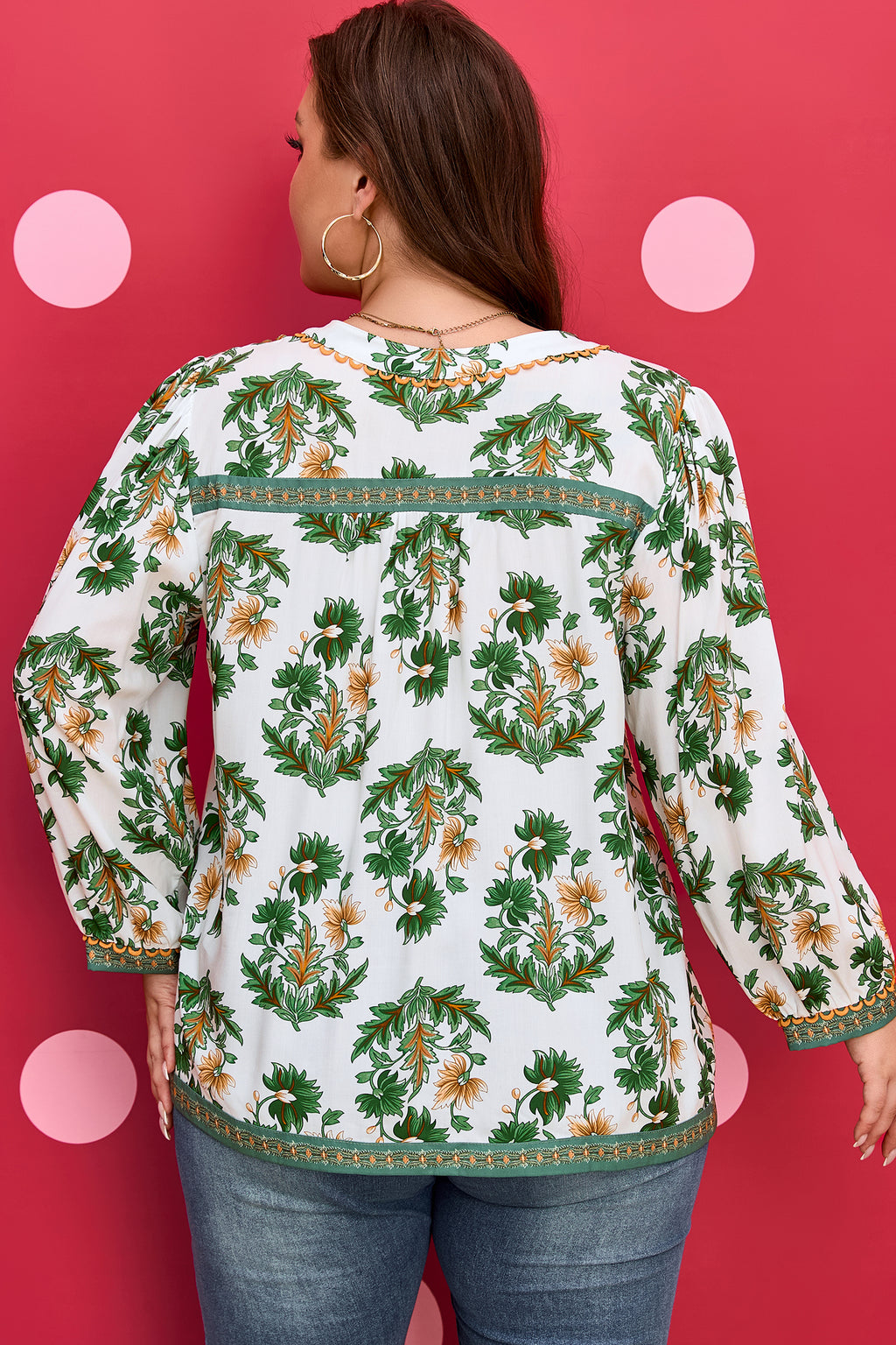Green Plus Size Floral Printed Detail Blouse