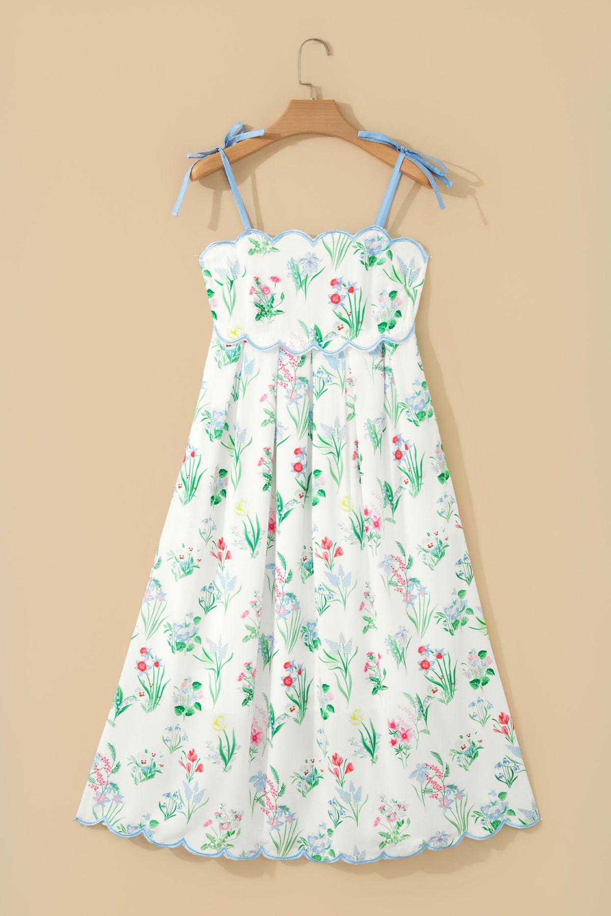 Floral Print Contrast Trim Self-tie Straps Dress