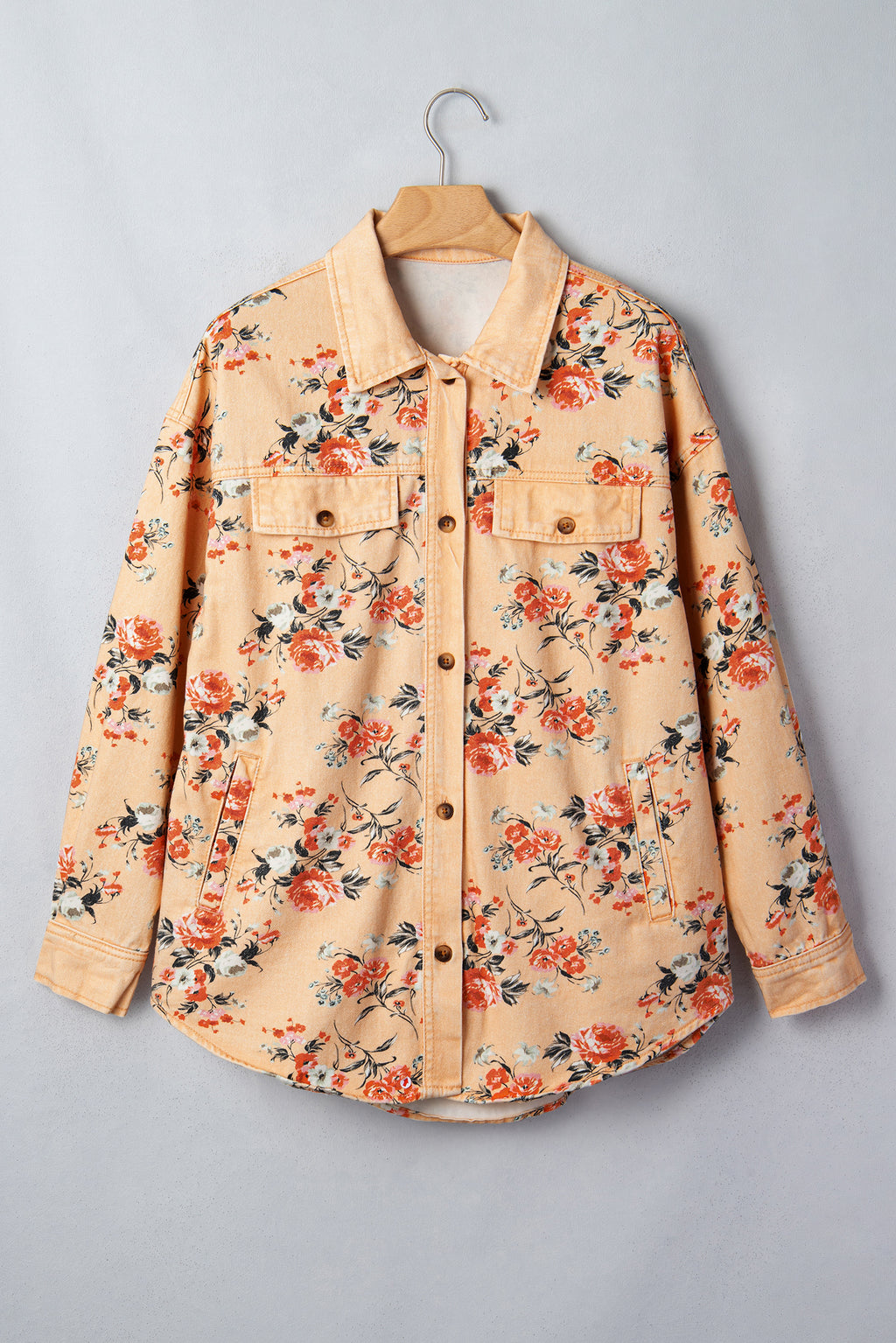 Floral Print Long Sleeve Denim Jacket Tunic Length