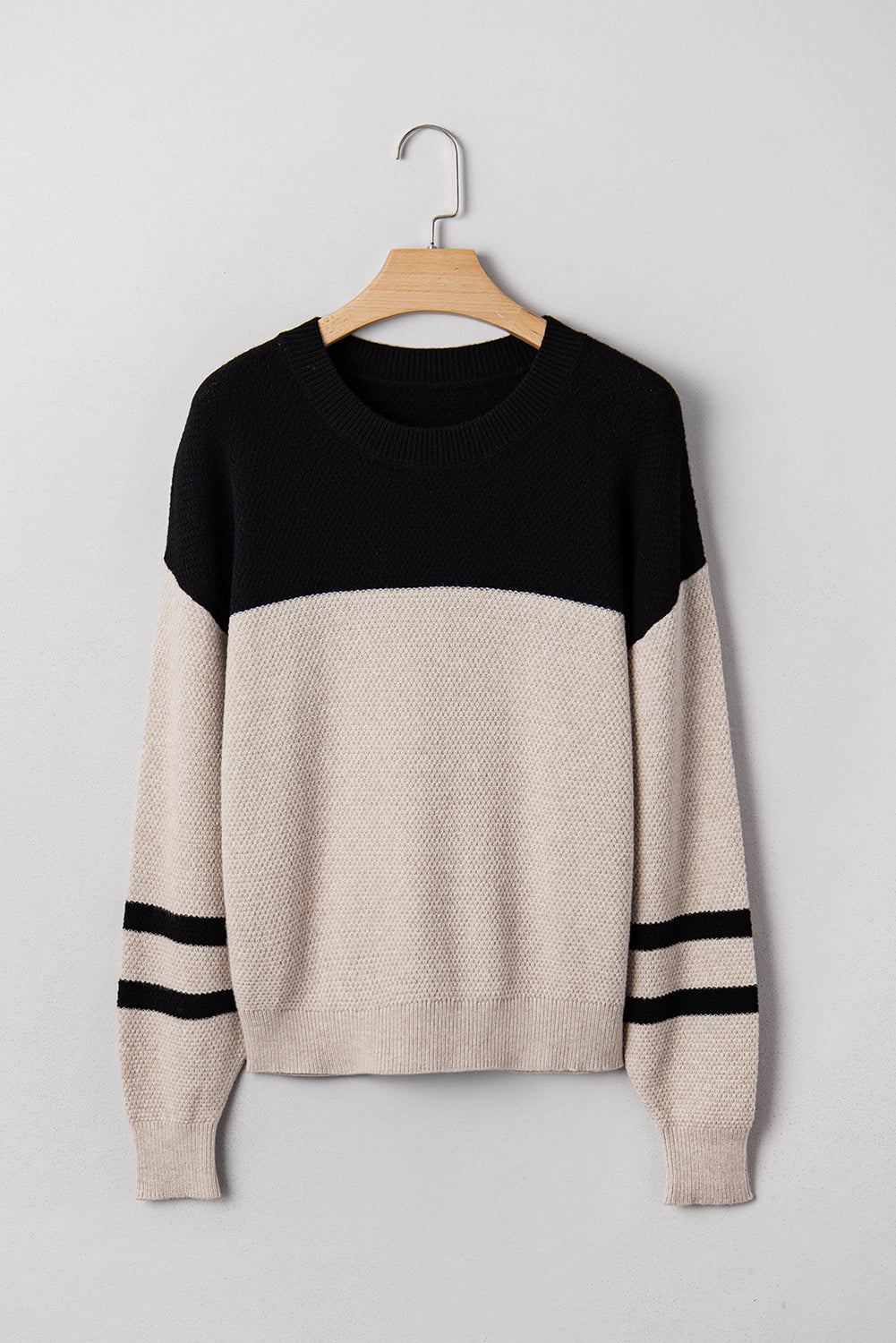 Parchment Color Block Knit Striped Sleeve Detail Casual Sweater