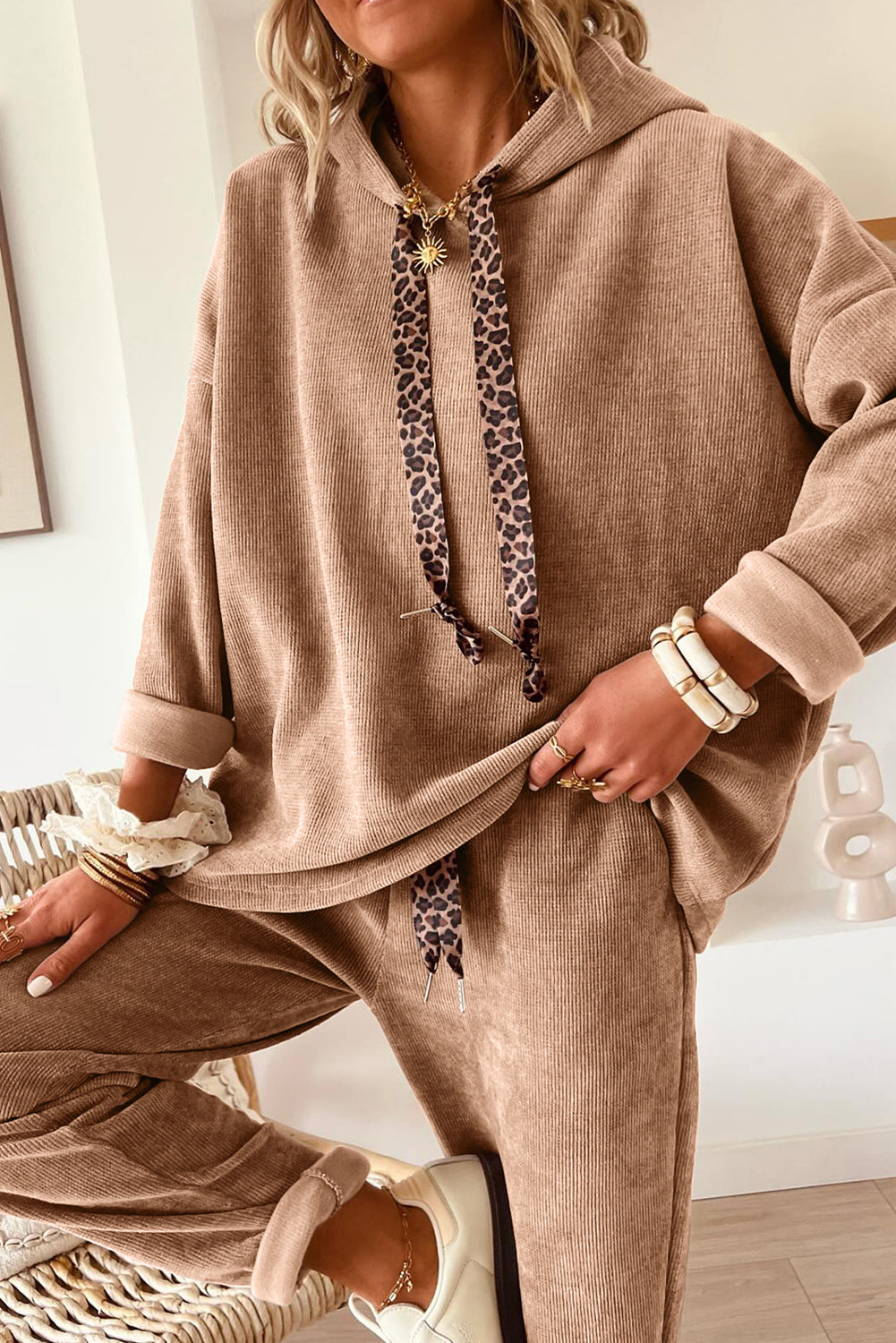 Parchment Leopard Drawstring Pullover Hoodie and High Waist Pants Corduroy Suit