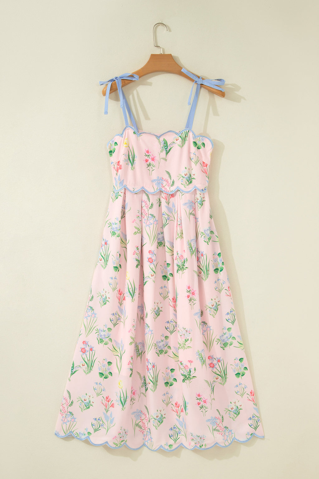 Floral Print Contrast Trim Self-tie Straps Dress