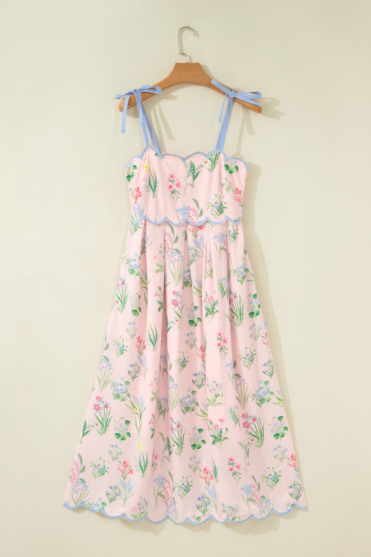 Floral Print Contrast Trim Self-tie Straps Dress