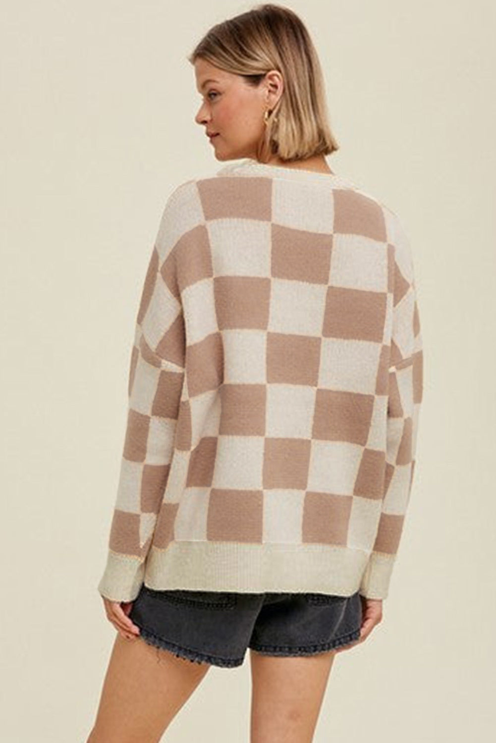 Checkered Pattern Ribbed Trim Knit Baggy Sweater
