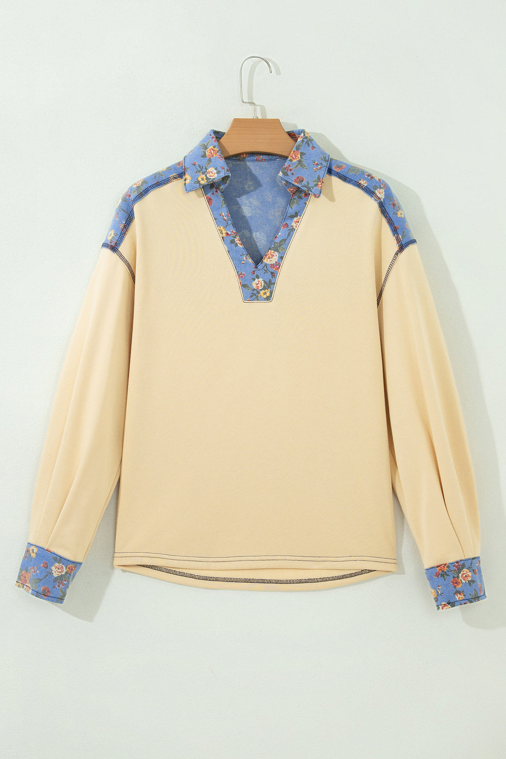 Floral Denim Patchwork Collar Long Sleeve Pullover Top