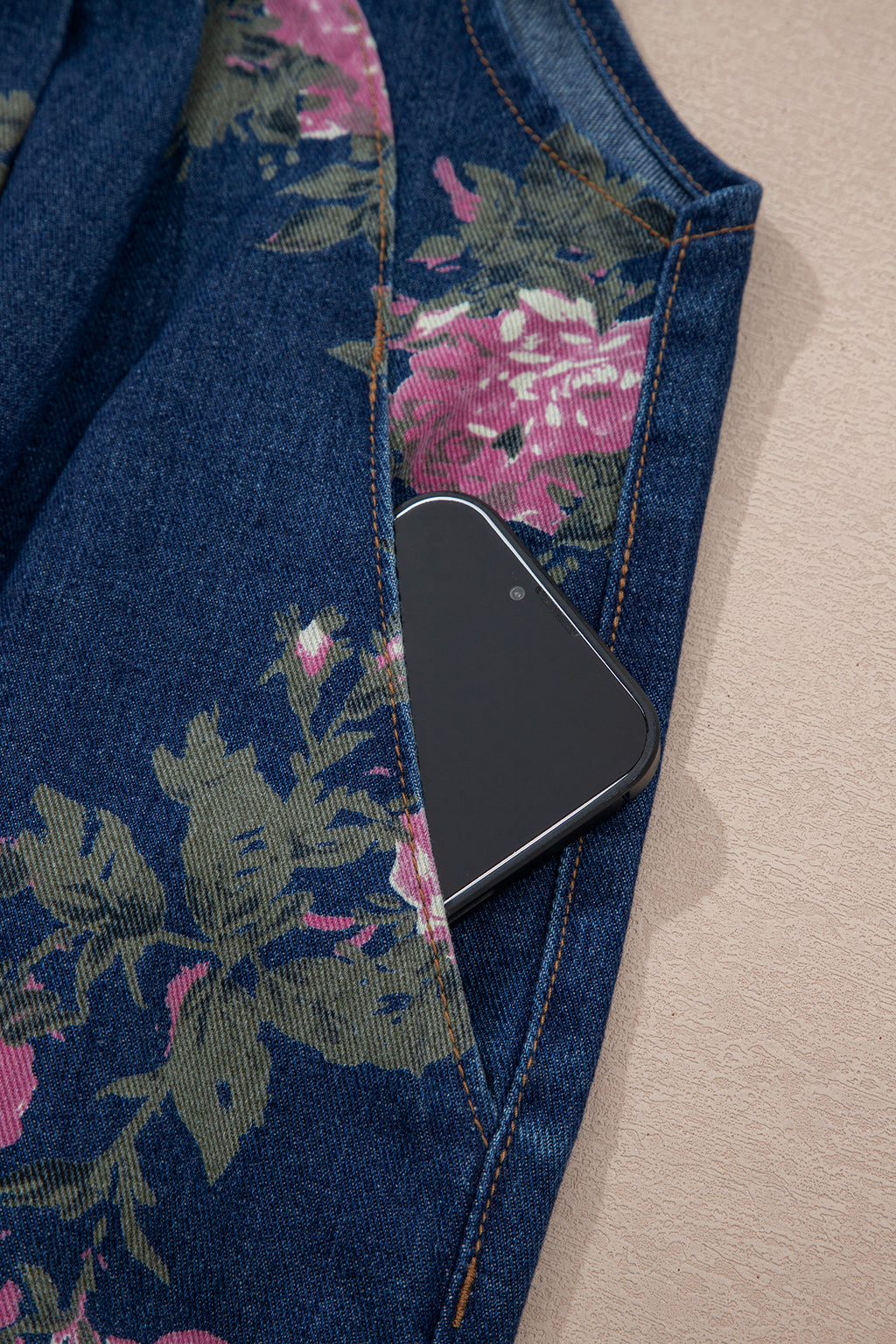 Floral Print Pleated Wide Leg Denim Jumpsuit